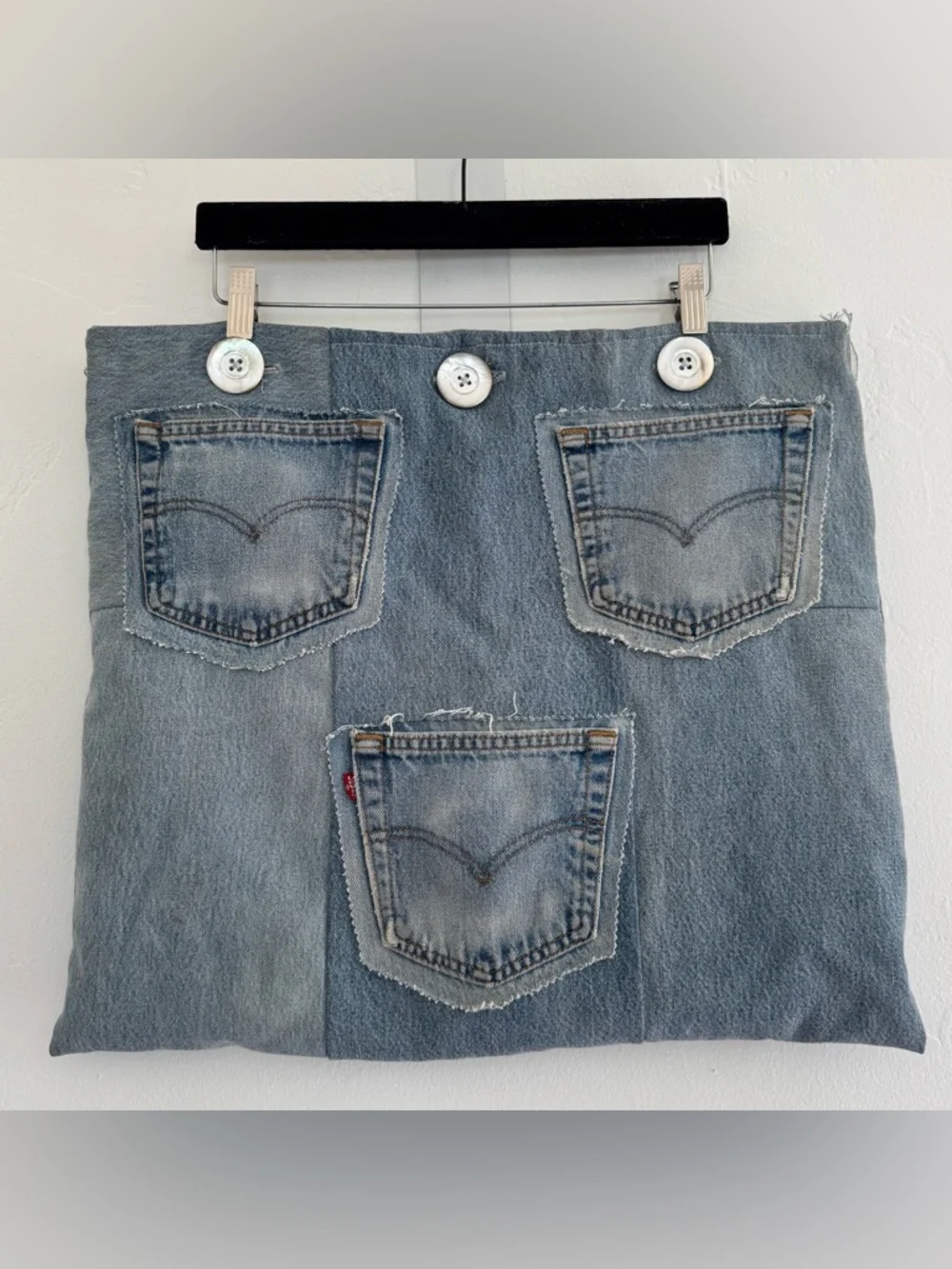 Levi’s Upcycled Handmade Denim Pillow Cover Blue Pockets Quilted Americana 18x20